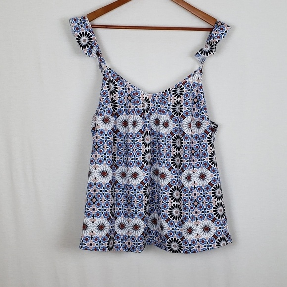 EUC ModCloth Blue Floral Ruffle Strap Cami Top Kaleidoscope Print Size 1X - Picture 2 of 8